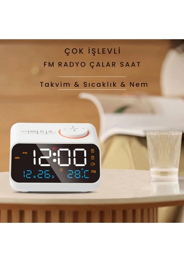 Shopytech Fm Radyo Dijital Çalar Saat Led Ekranlı Masa Saati Sıcaklık Nem Göstergesi 2 Usb Şarj Çıkı Beyaz
