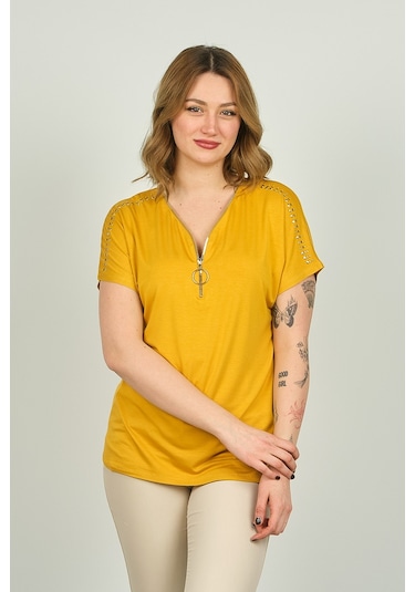 Ella Camelia Kadın Fermuarlı Kısa Kol Bluz 20e038 Hardal
