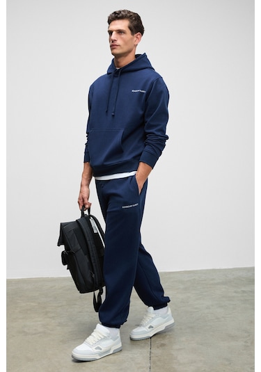 MARSHALLHOODIE Erkek Pamuklu İçi Polarlı Nakışlı Relaxed Koyu Lacivert Eşofman Takımı