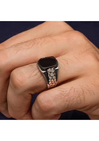 Siyah Oniks Taşlı Damar Desenli 925 Gümüş Yüzük Beyaz