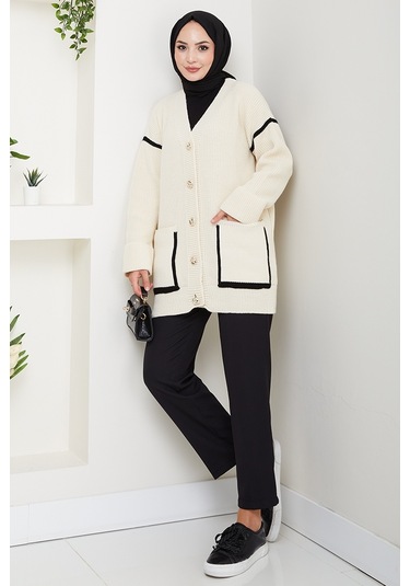 İlge Düğmeli Triko Hırka 1597 - Ekru Ekru