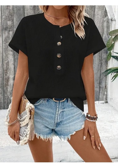 Kadın Kısa Kollu Yakası Açık Önden Düğmeli Waffle Bluz Siyah