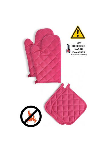 Yanmaz Ve Isıya Dayanıklı Fırın Eldiveni Ve Tutacak 2 Eldiven, 2 Tutacak Fuşya