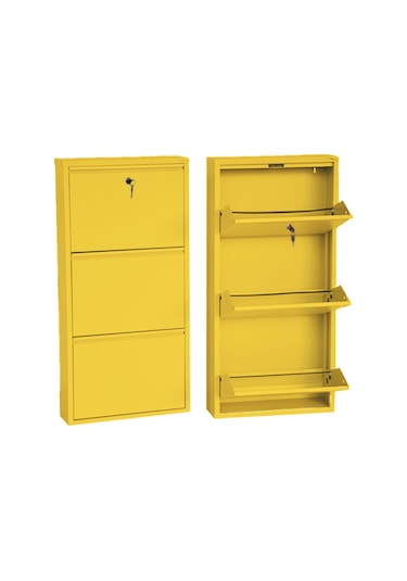 Kilitli 3'lü Metal Ayakkabılık - Sarı