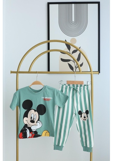 Erkek Çocuk Mickey Kısa Kollu Çizgili Eşofman Takımı Mint Mint Yeşili