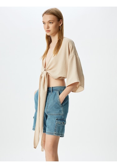 Koton Kot Şort Kargo Cepli Yüksek Bel Bağcık Detaylı Açık İndigo 4sal40058md Açık İndigo