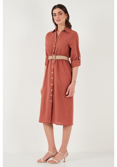 Lela Pamuklu Regular Fit Kemerli Midi Boy Gömlek Bayan Elbise 67810301 Camel Lela Pamuklu Regular Fit Kemerli Midi Boy Gömlek Bayan Elbise 67810301 Camel