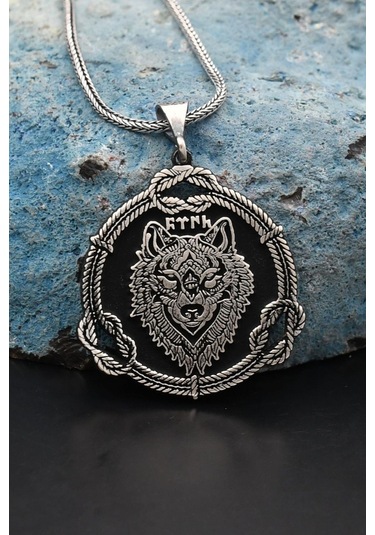 Prestij Gümüş Bozkurt Göktürkçe Türk Yazılı 925 Ayar Erkek Gümüş Kolye Zincir