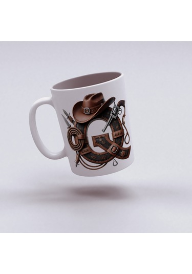 Q Harfi Kovboy Temalı Bardak 330 Ml İsim / Harf Kişiye Özel Hediye - Vahşi Batı Konsept Beyaz