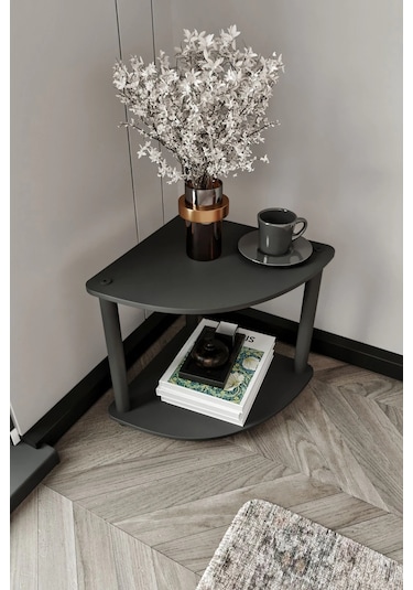 2 Katlı Dekoratif Köşe Kitaplık Siyah Siyah