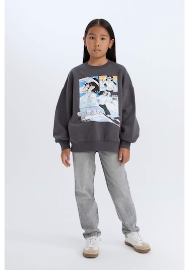 DeFacto Kız Çocuk Oversize Geniş Kalıp Bisiklet Yaka Baskılı Sweatshirt D7054A824WNAR148 Antrasit DeFacto Kız Çocuk Oversize Geniş Kalıp Bisiklet Yaka Baskılı Sweatshirt D7054A824WNAR148 Antrasit