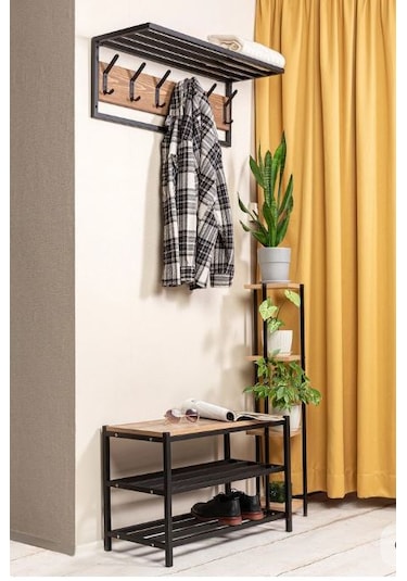 Velda Dekoratif Metal Masif Çam Ahşap Vestiyer Ayakkabılık