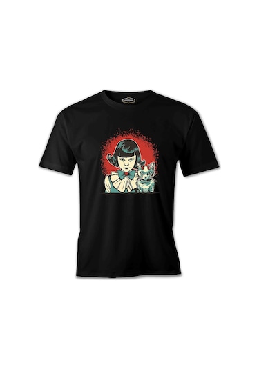 Gizemli Cadılar Bayramı - Mistik Kız Ve Maskot Kedi Siyah Erkek Tshirt 001