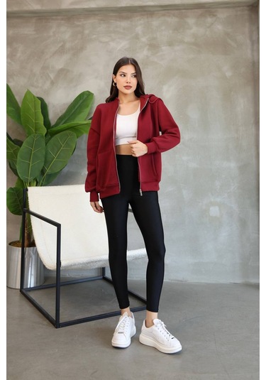 Kadın Genç Unisex Cepli Kapüşonlu Fermuarlı Sweatshirt Hırka Bordo