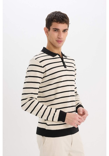 DeFacto Standart Fit Polo Yaka Çizgili Triko Kazak	 E7604AX24WNBK27
