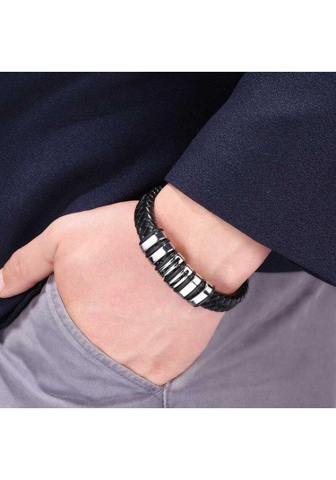 Dokuma Deri İp Sarma Özel Stil Klasik Paslanmaz Çelik Erkek Deri Bileklik Yeni Tasarım Dekorasyon Bb1082 Siyah