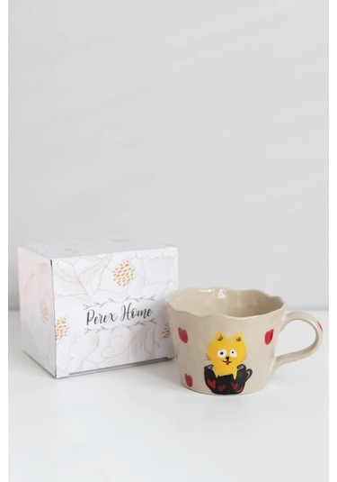 Perex Kedi Figürlü Kupa, Seramik Kupa, Kalp Desenli Kupa 312703845 Bej