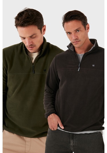 Buratti Slim Fit Anti-Pilling Tüylenme Yapmayan Bato Yaka Şardonlu 2'Li Paket Erkek Polar 5906001S2 Antrasit-Haki