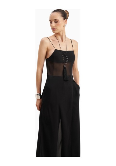 Because Of Alice Kadın Şeffaf Şifon Uzun Askılı Camisole Bluz Siyah
