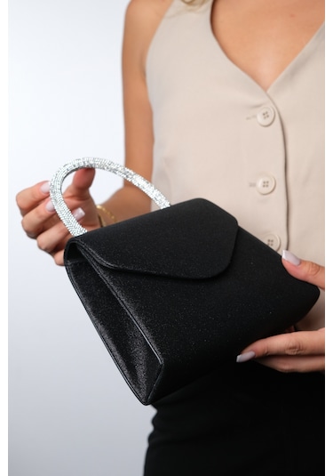 Monako Siyah Kum Sim Taşlı Kadın El Çantası Siyah Simli