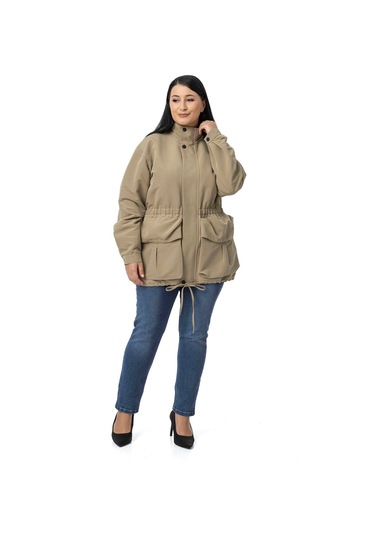 Büyük Beden Çıtçıt Ve Fermuar Kapamalı Beli Büzgülü Astarlı Çağla Yeşili Trençkot Çağla Yeşili