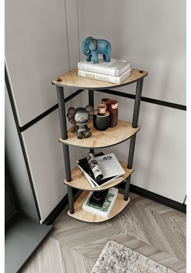 4 Katlı Dekoratif Köşe Kitaplık Meşe Meşe