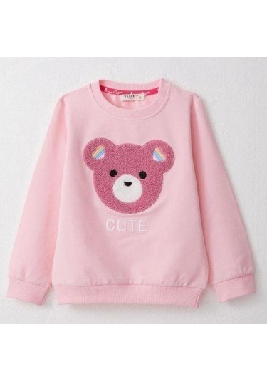 Kız Çocuk Ayıcık Nakışlı Pamuklu Eşofman Takım-14585 Pembe