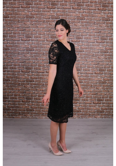 Nidya Moda Büyük Beden Kadın Siyah Dantel Elbise-4161S Siyah