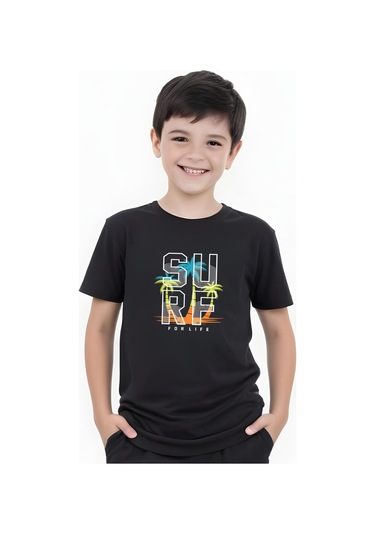 Surf Baskılı Erkek Çocuk Kısa Kollu Tişört Siyah