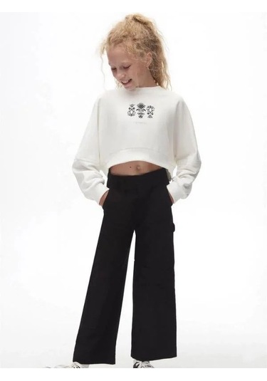 Kız Çocuk Pamuklu İki İplik Gün Işığı Sweatshirt-14709 Ekru