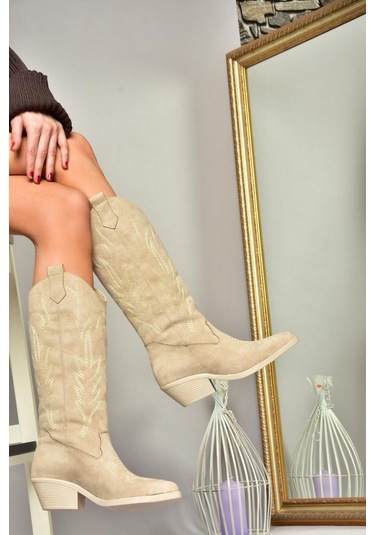 Fox Shoes T404401202 Ten Süet Kovboy Model Kadın Çizme Ten-Süet