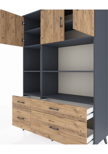 Hyperion Dolap 8 Raflı 4 Çekmeceli 3 Kapaklı 132x44x195 Antrasit-çam/çam Atlas Çam/atlas Çam