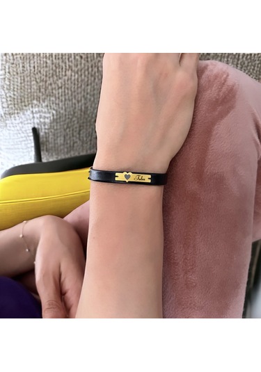 Archin Tuba İsmine Özel Hakiki Siyah Derili Kalp Figürlü 14 Ayar Altın Plakalı Hediye Bileklik-568isim Tuba