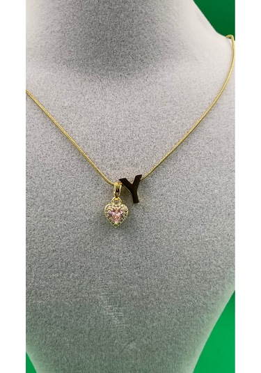14k Altın Renginde Y Harf Pembe Kalpli Minimal Çelik Kadın Kolye Altın