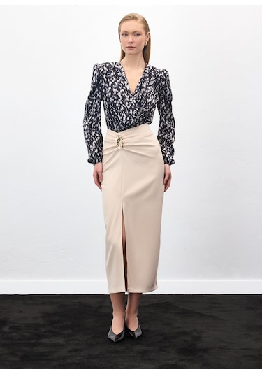 Sateen Gold Yan Aksesuarlı Etek - Bej-136885 Bej