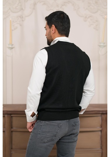 Woolen World Regular Fit Ön Cepli Desenli Kolsuz Erkek Triko Yelek Siyah