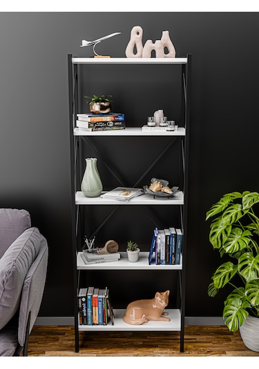 Metal Kitaplık 5 Raflı Dekoratif Kitaplık Ev Ofis Mutfak Rafı Çok Amaçlı Beyaz