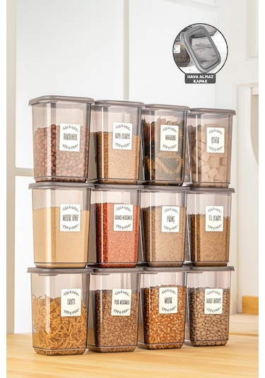 Meleni Home 12'li Etiketli Büyük Boy Baharatlık Seti - Kapaklı Kare Baharat Takımı Saklama Kabı 12x1100 Ml