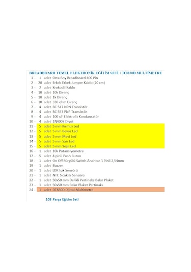 Breadboard Temel Elektronik Eğitim Seti + Dt830d Multimetre