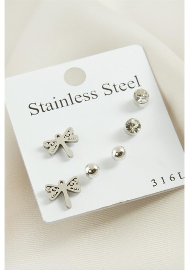 6 Adet Yusufçuk Taşlı Çelik Küpe 0410 Gümüş