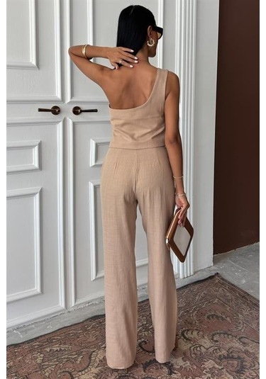 Tek Omuz Büstiyer Plazzo Pantolon Viscon Takım 10159 Bej
