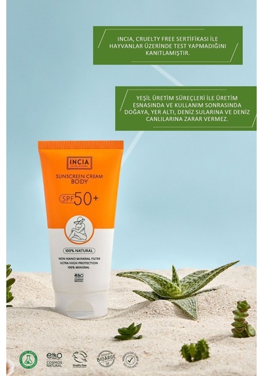 INCIA %100 Doğal Vücut Güneş Kremi Leke Karşıtı Mineral Filtreli Yüksek Koruma SPF 50+ UVA UVB 150 ML