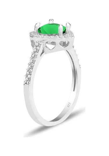 Takılingo 925 Ayar Gümüş Yeşil Taşlı Pırlanta Montürlü Kalp Model Kadın Yüzük Gümüş