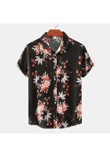 Snapbuy Erkek Yaz Çiçek Kısa Kollu Hawaii Gömlek Slim Fit Plaj Bluzturuncu Turuncu