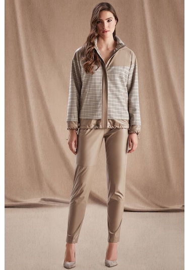 Kapüşonlu Bej Ekose Mont 001