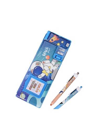 Pratik Ve Şık Çift Taraflı Hesap Makinesi İle Kırtasiye Organizer Çok Amaçlı Okul Ofis Malzemeleri Saklama Kutusu MAvi