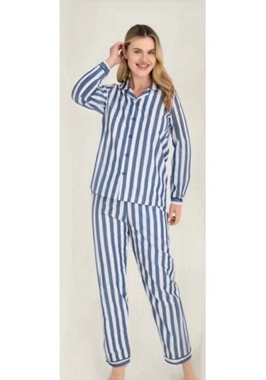Freshness 4007 Kadın Uzun Kol Çizgili Gaffuriye Pijama Takımı Mavi
