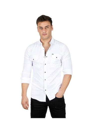 Deepsea Erkek Beyaz Fitilli Çıtçıtlı Kot Gömlek 300421 Beyaz