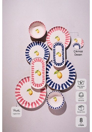 Limone 8 Parça 2 Kişilik Yemek Takımı Cokrenklı Desenli