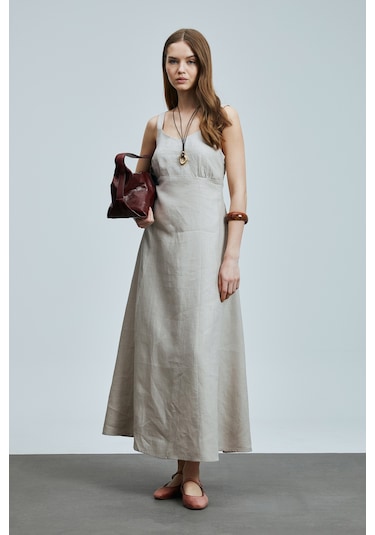 Lufian Selene Kadın Askılı Keten Elbise Bej Bej 121290015100550 Bej